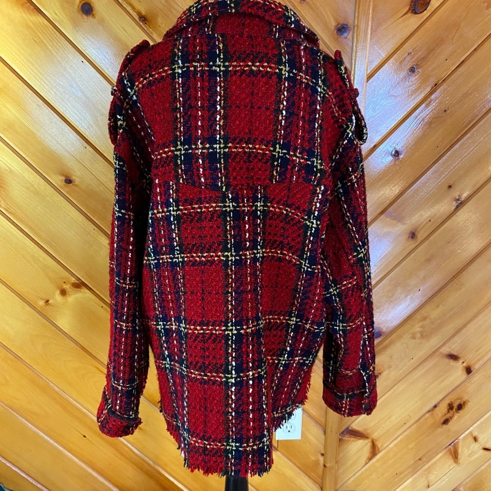 ZARA Plaid Tweed Jacket Red Black Fringe Shacket Textured Bright Boucle - Picture 8 of 9